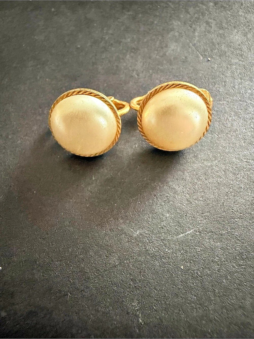 Vintage Gold Tone Faux Pearl Clip On Earrings Round Dome Classic Retro